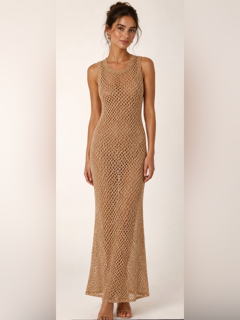 House of Harlow 1960 - Crochet Gold Metallic Sleeveless Boho Maxi Knit Dress